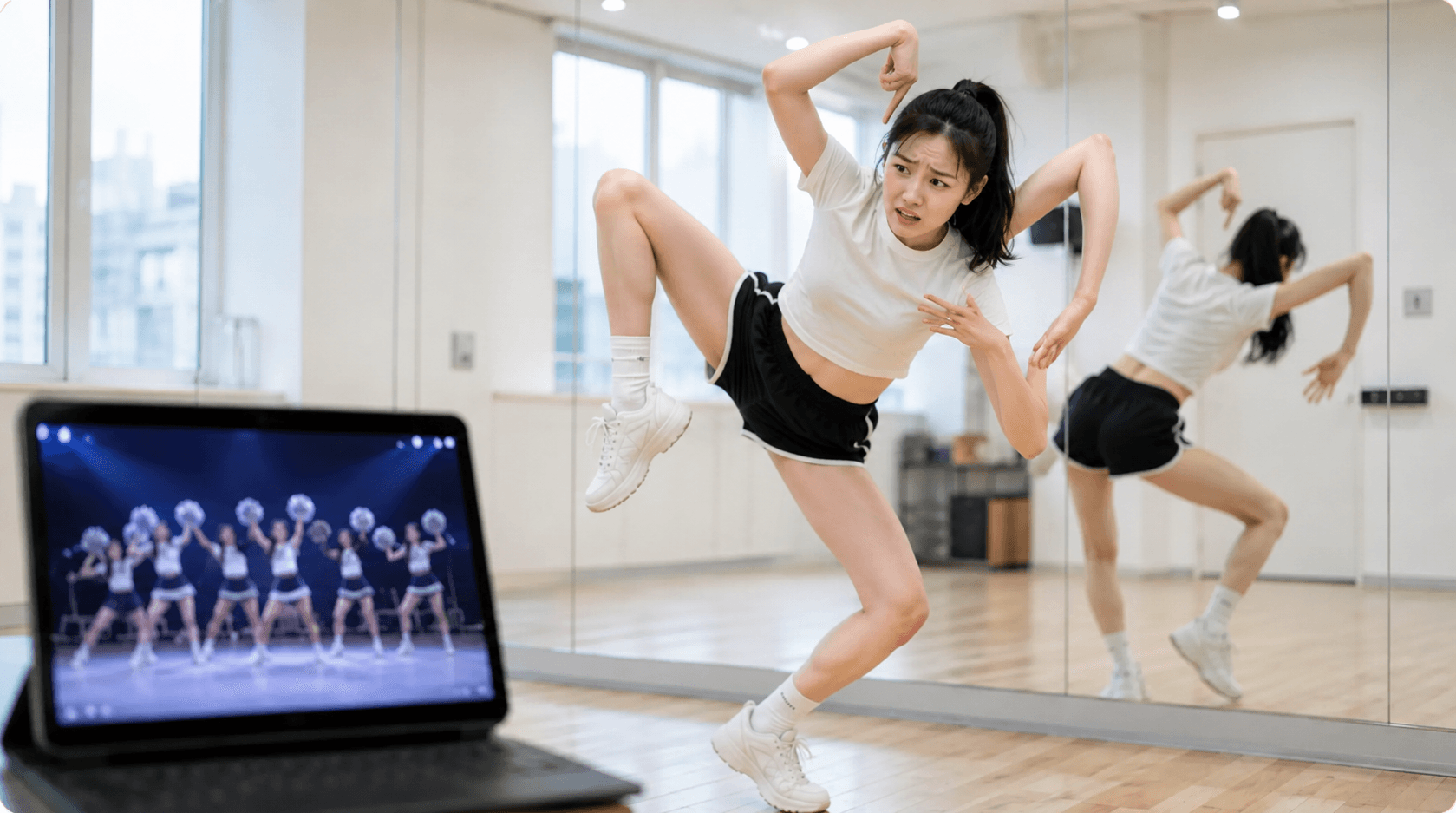완성 안무 영상을 보며 막막해 하는 모습